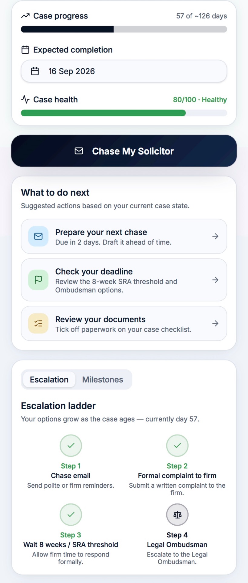 CaseChaser mobile case dashboard showing case progress, health score and next steps