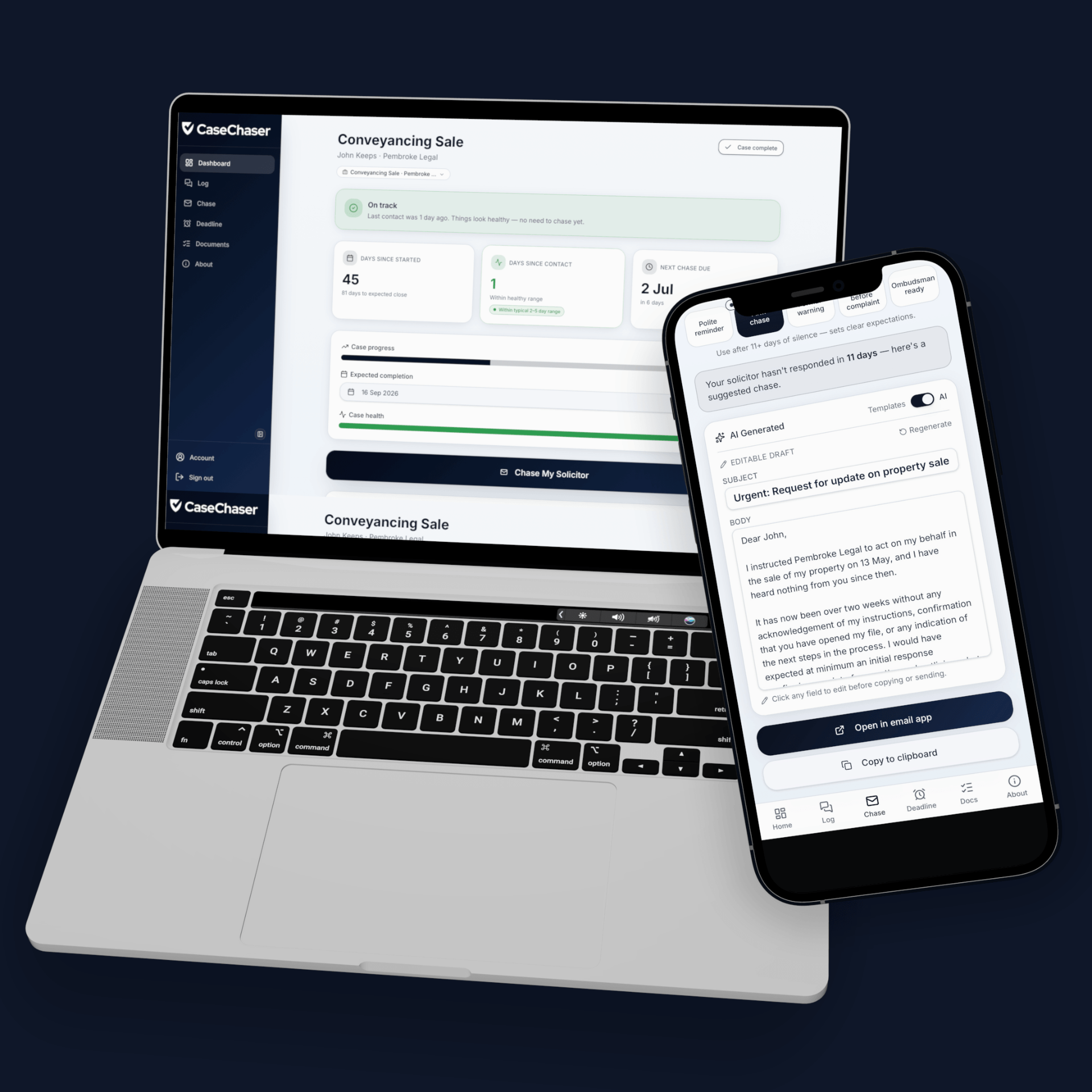 CaseChaser dashboard on laptop and chase email on mobile