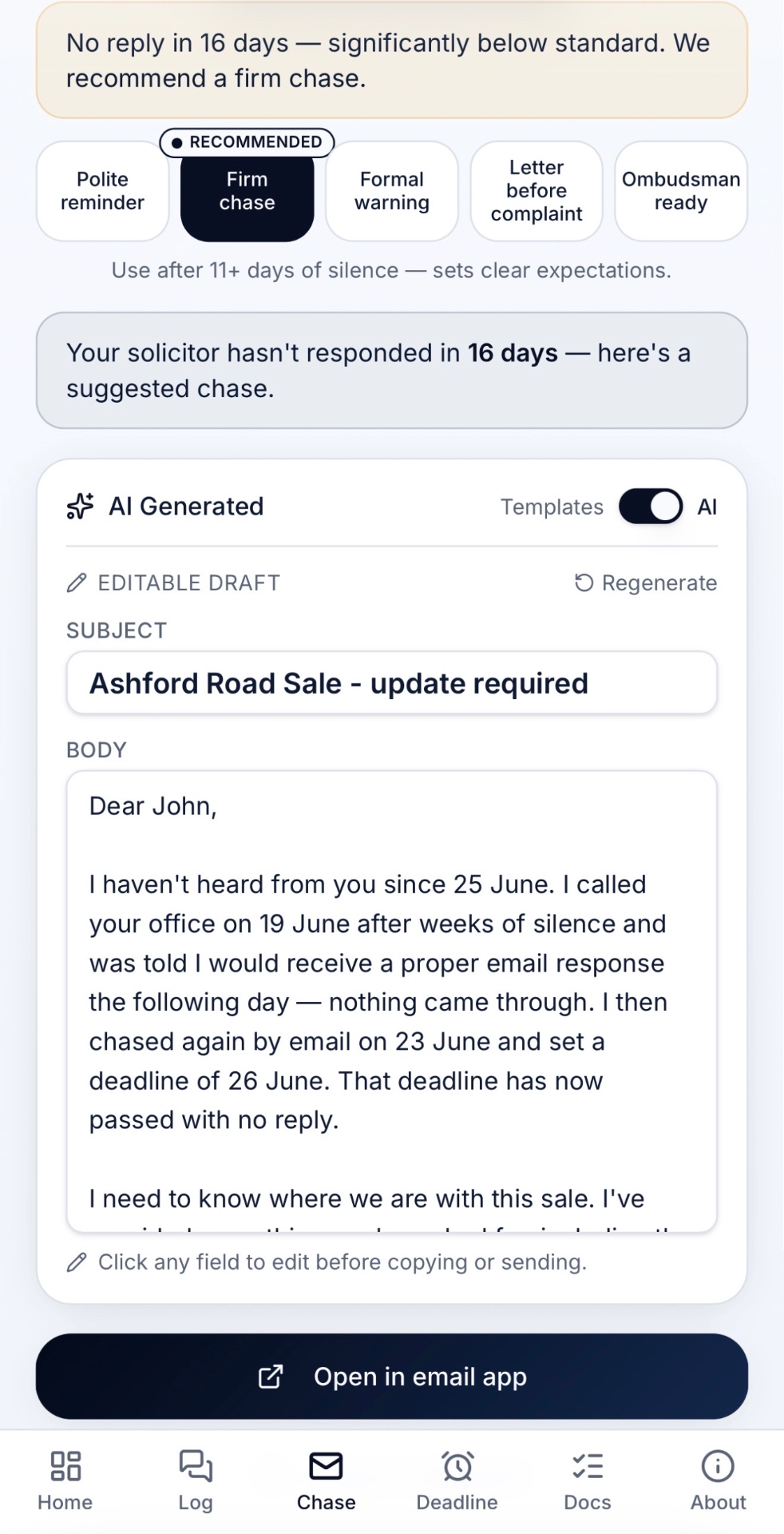 CaseChaser AI chase draft on mobile